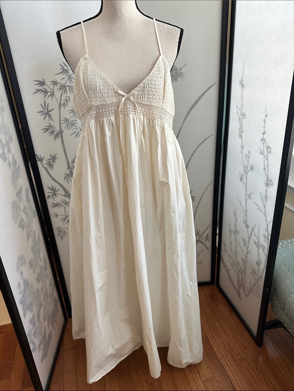 Cream Spaghetti Strap Maxi Dress with Smocked Bodice w/Pockets